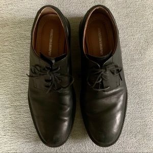 Johnston & Murphy black, cap toe, dress shoes.